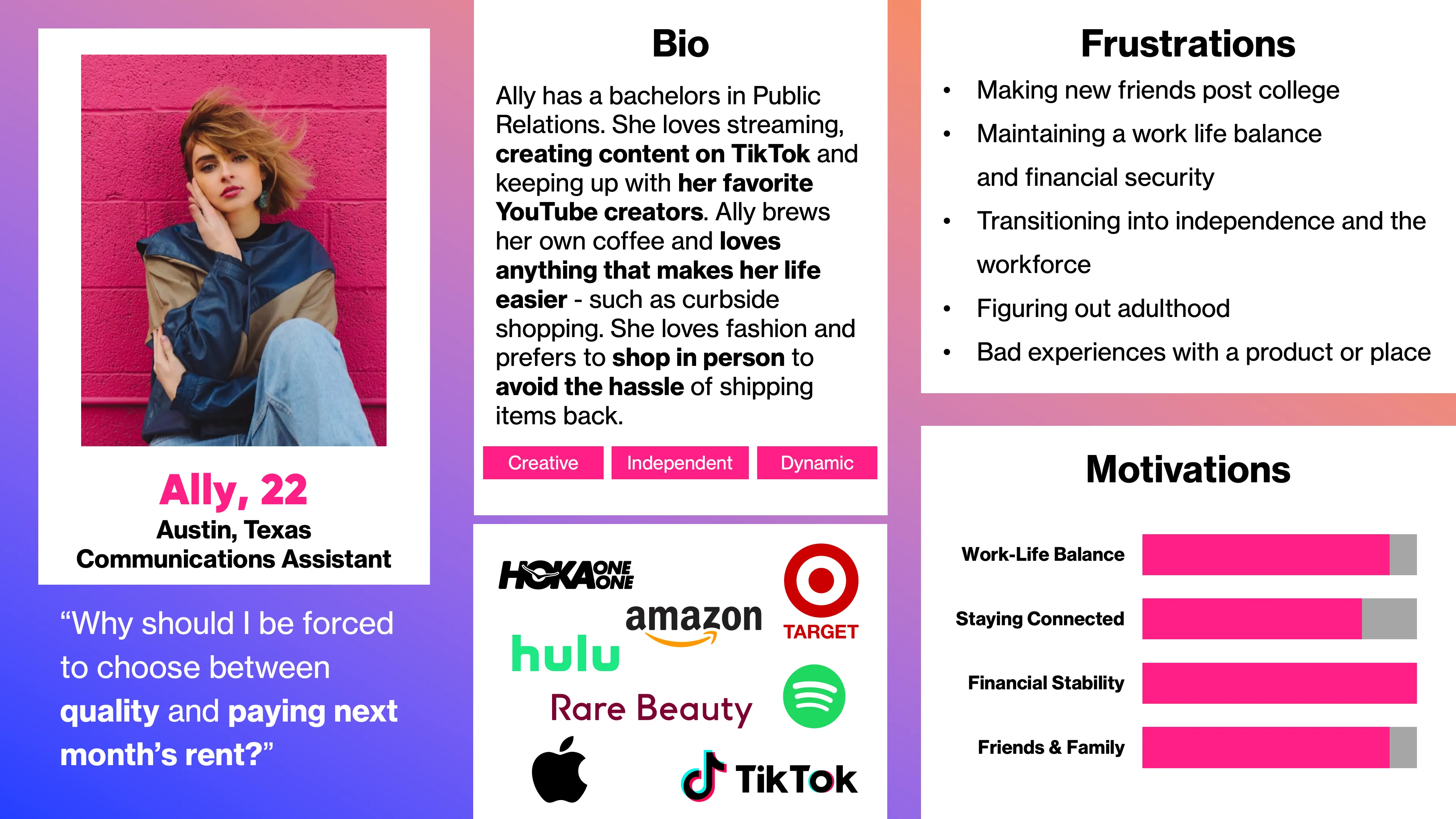 Slide 13, detailing a possible persona, giving her bio, frustrations, favorite brands, and motivations.