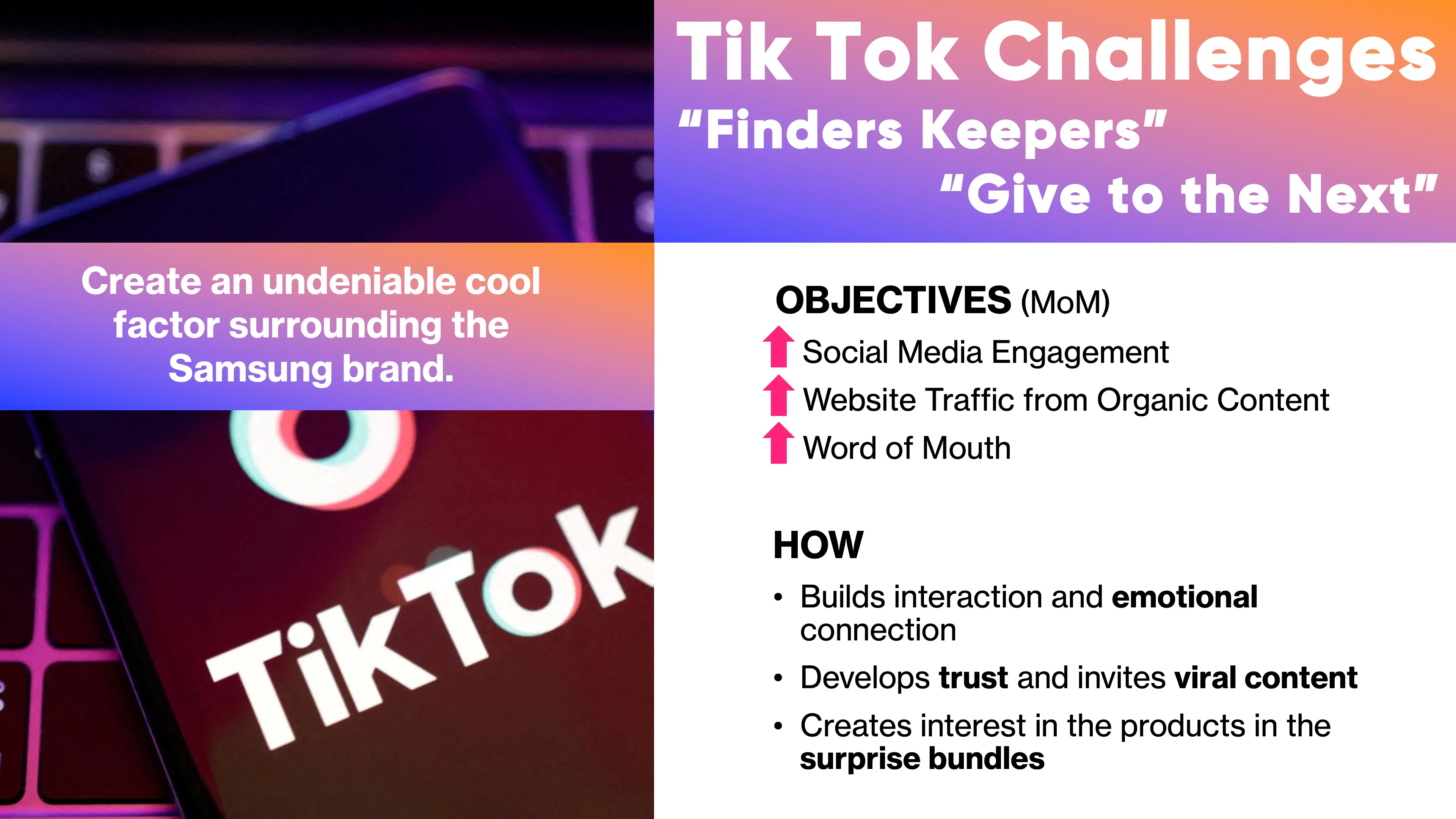 Slide 20, detailing how TikTok challenges could help improve Samsung's image.