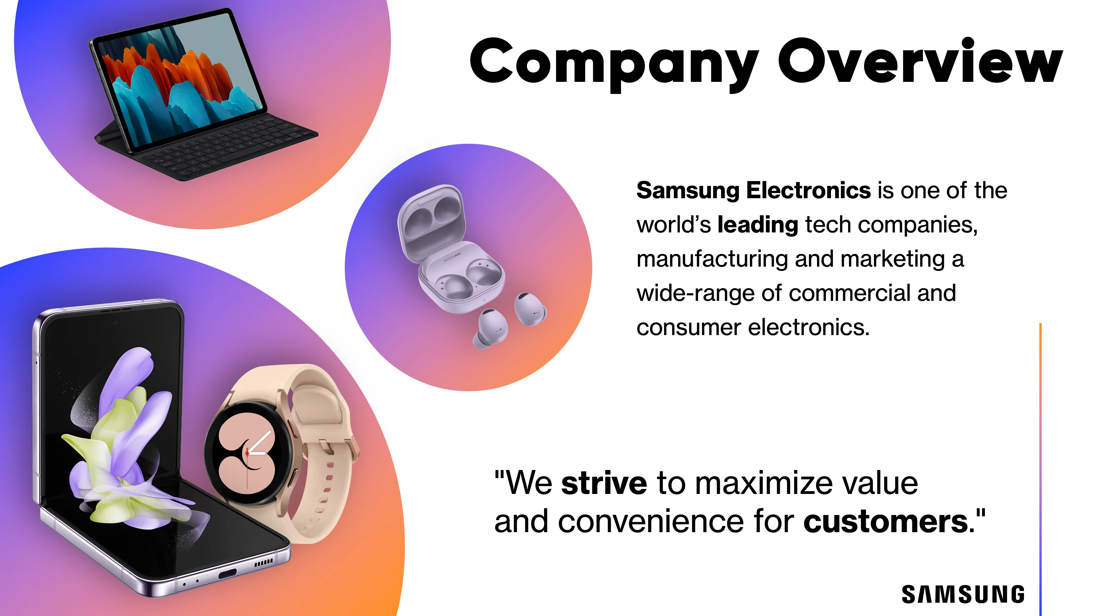 Slide 4, detailing a company overview for Samsung Electronics.